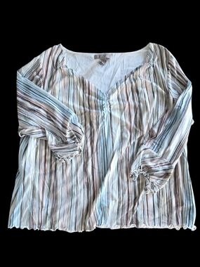 i.e. Woman L  Striped Mesh Ruffle Sleeve Blouse Multicolor Blue Brown White Pink